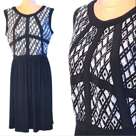 R&M Richards Abstract Black White Print Mapped Bust Mini Dress Size 14 - Picture 1 of 16